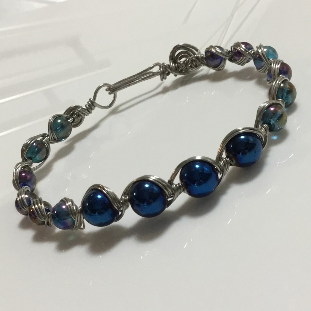 Iridescent Blue Silver Wire Wrap Bracelet
